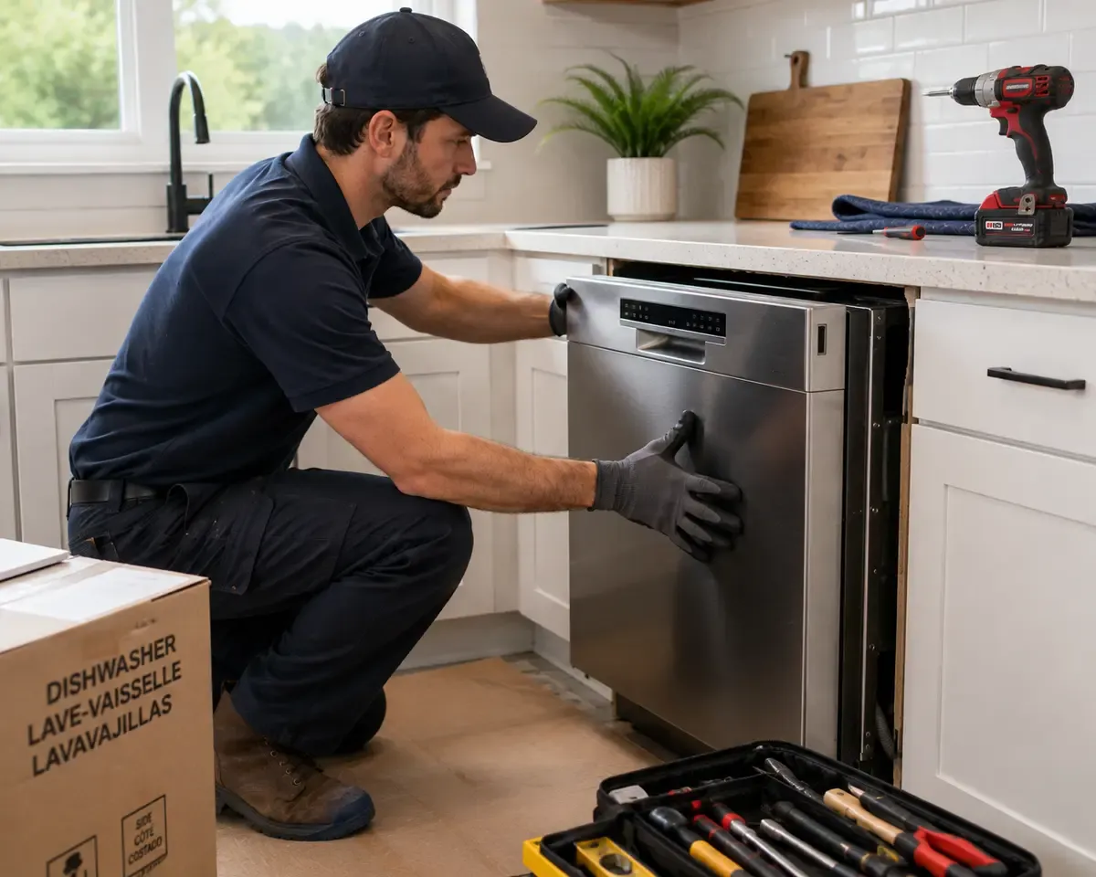 A technician working on a new appliance installation