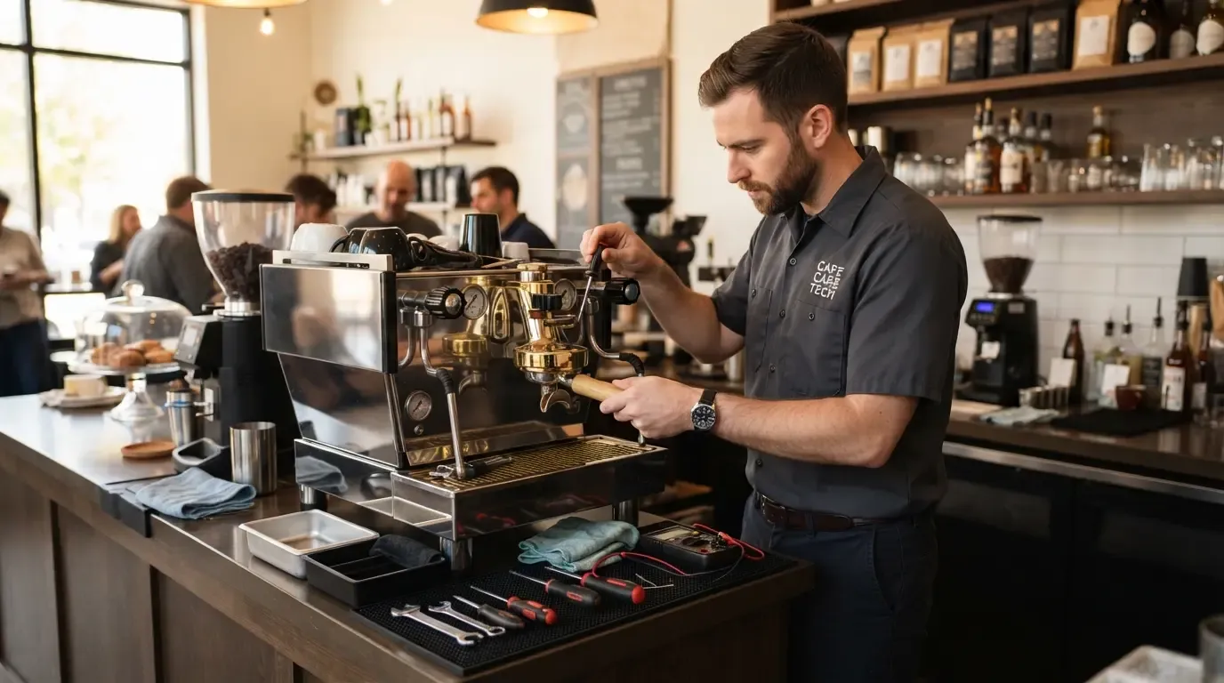 A technician servicing an espresso machine in a cafe