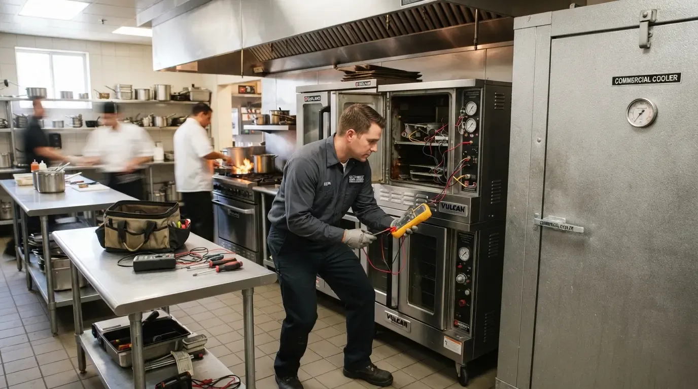 A technician inspecting an oven in a commercial kitchen