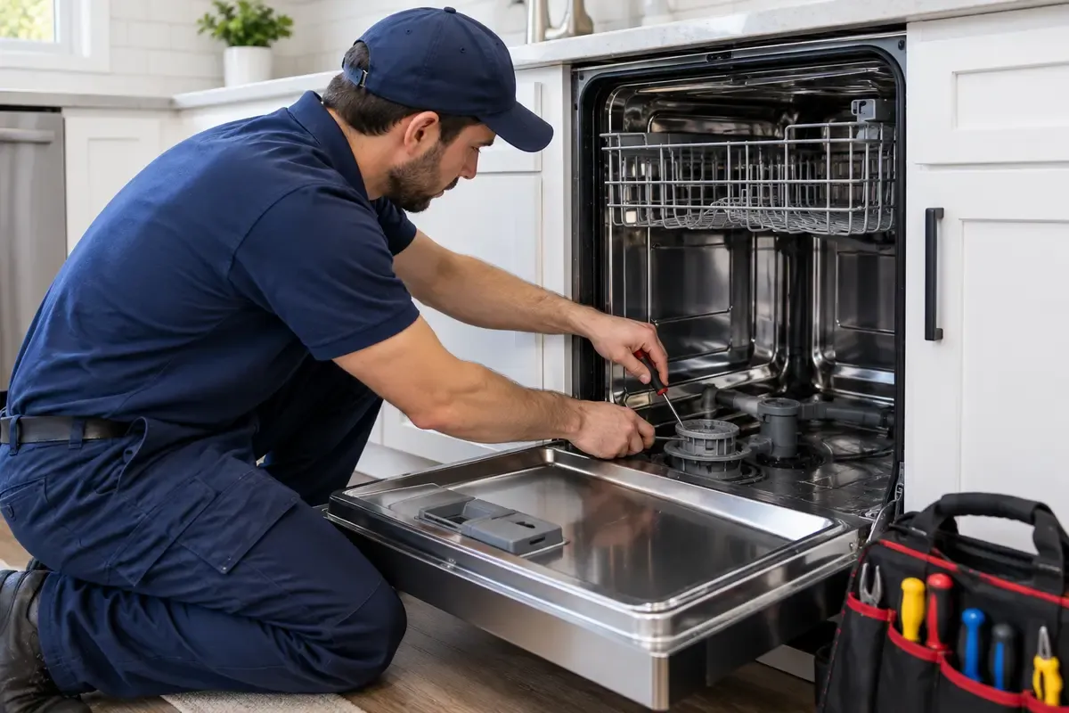A technician working on a dishwasher