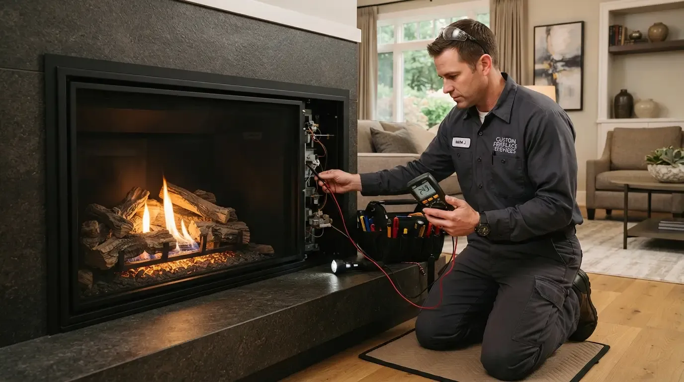 A technician testing the controls of a gas fireplace