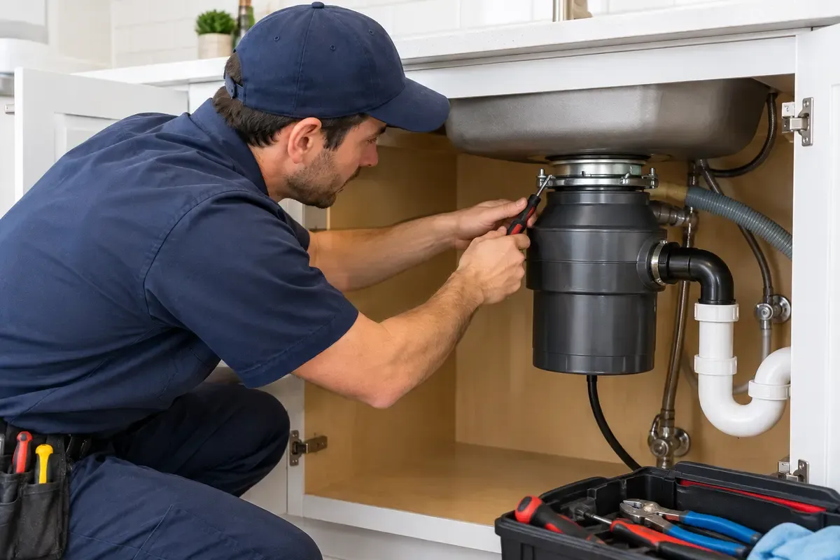 A technician working on a garbage disposal