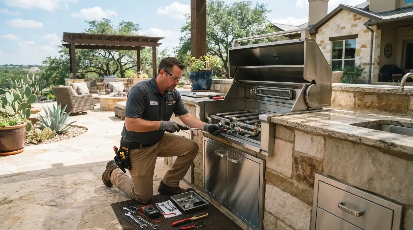 A technician repairing a built-in grill in an outdoor kitchen