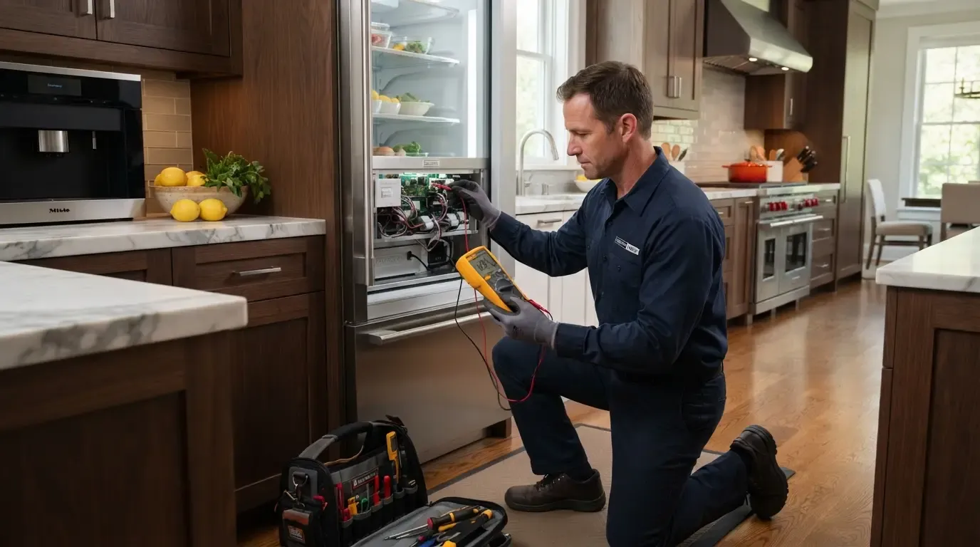 A technician testing a built-in refrigerator in a home kitchen