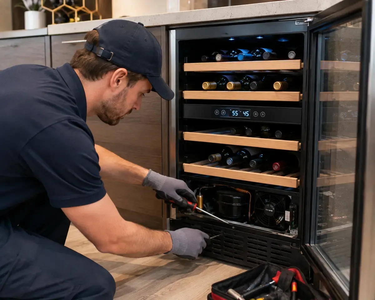 A technician working on a wine cooler